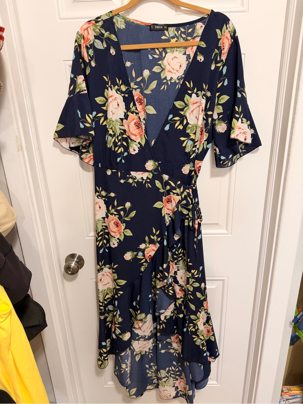 SHEIN Navy Floral High-Low Wrap Dress with Pink Roses